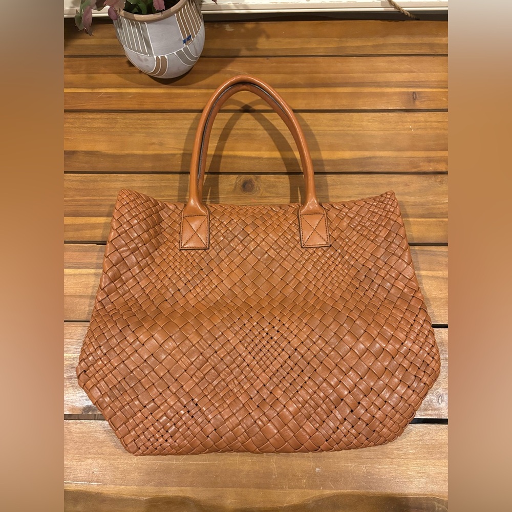 English Saddle Brown/Tan Handwoven Leather FALOR Italia Tote Bag